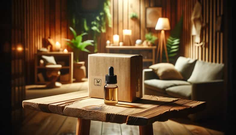 olio di cannabis en la mesa con una caja | Justbob