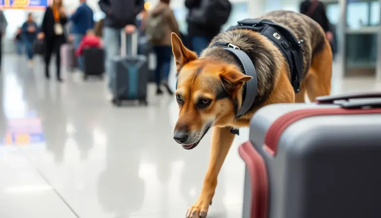 Un perro antinarcóticos olfatea maletas en un aeropuerto | Justbob